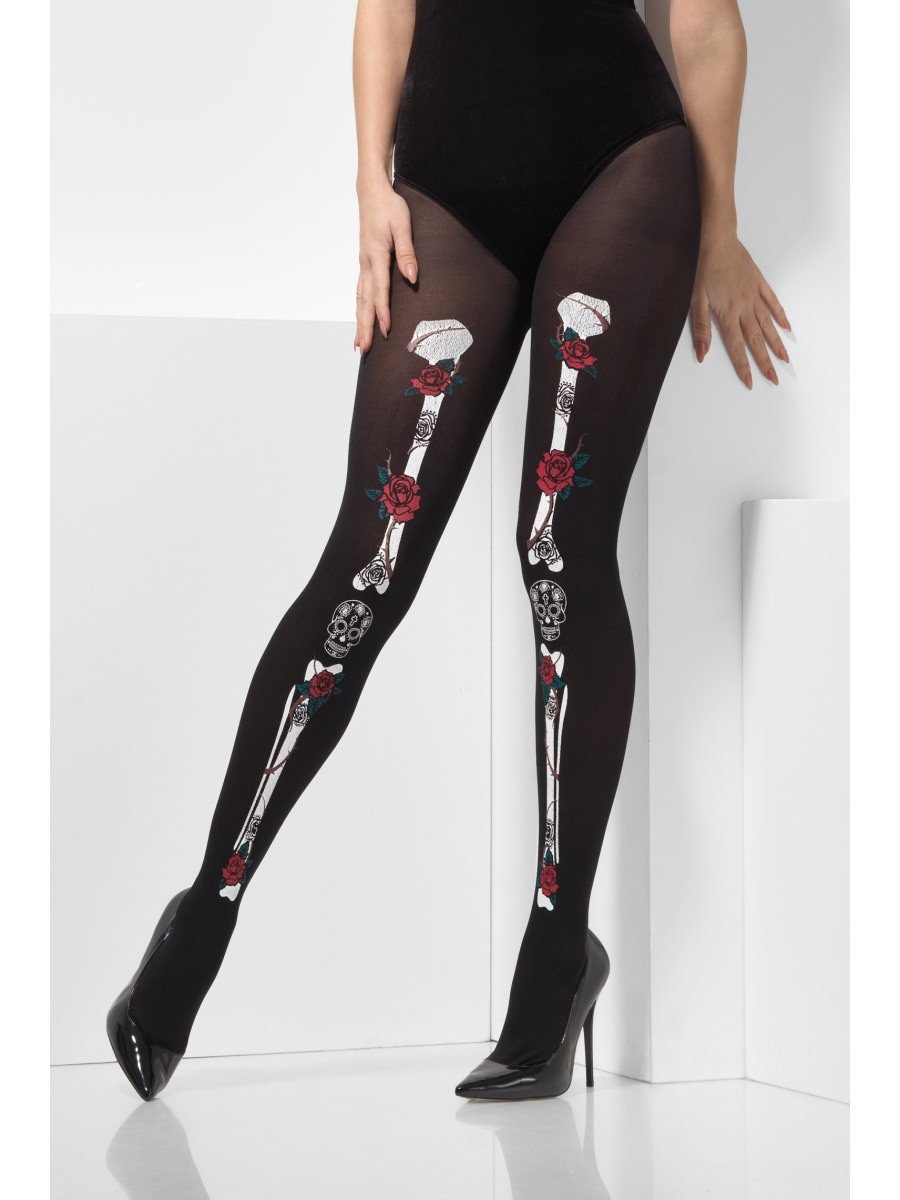 Photos - Fancy Dress Smiffys Opaque Day of the Dead Tights - 