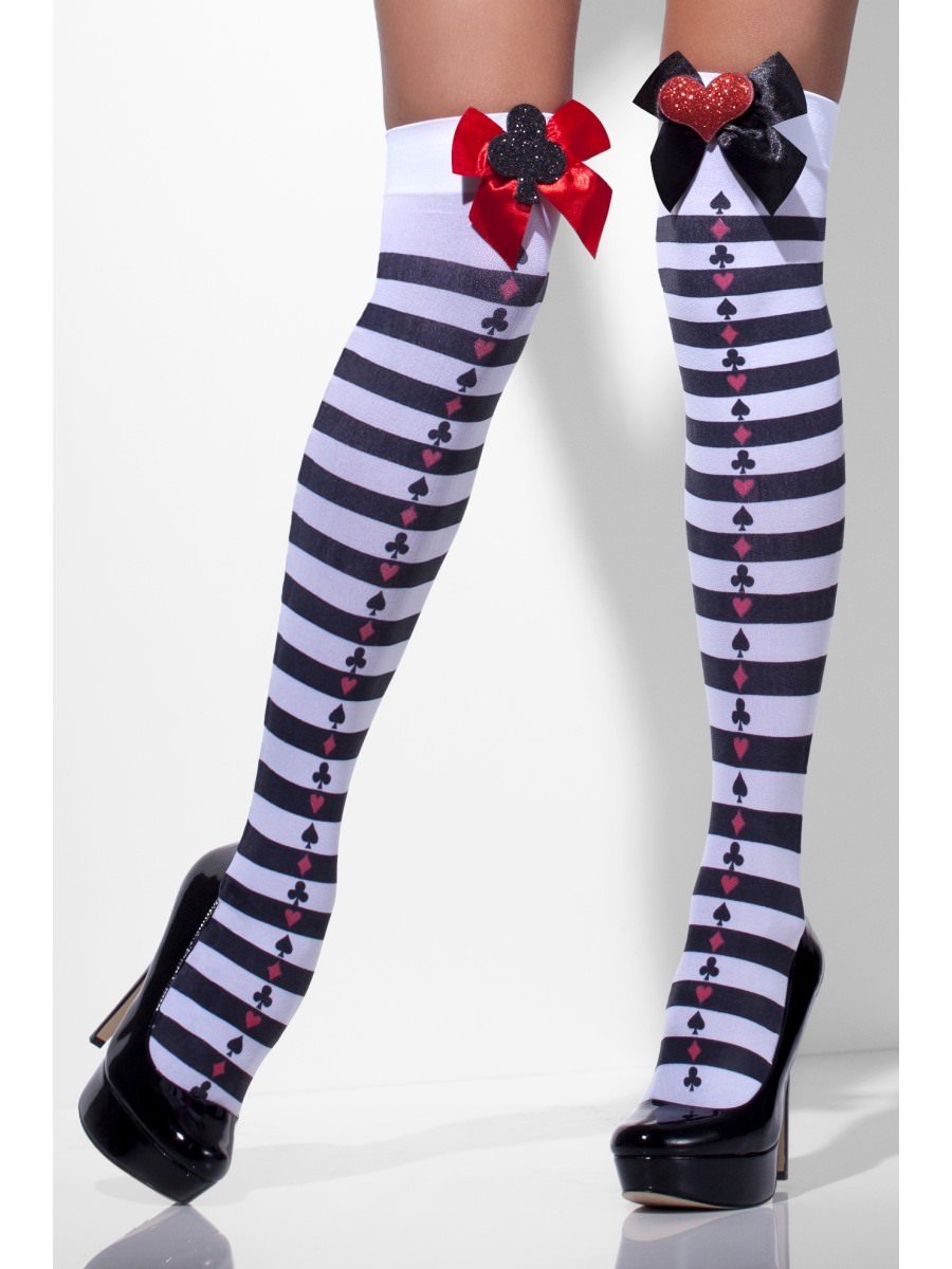 Smiffys Opaque Hold Ups Black White Striped With Red Bows Fancy Dress