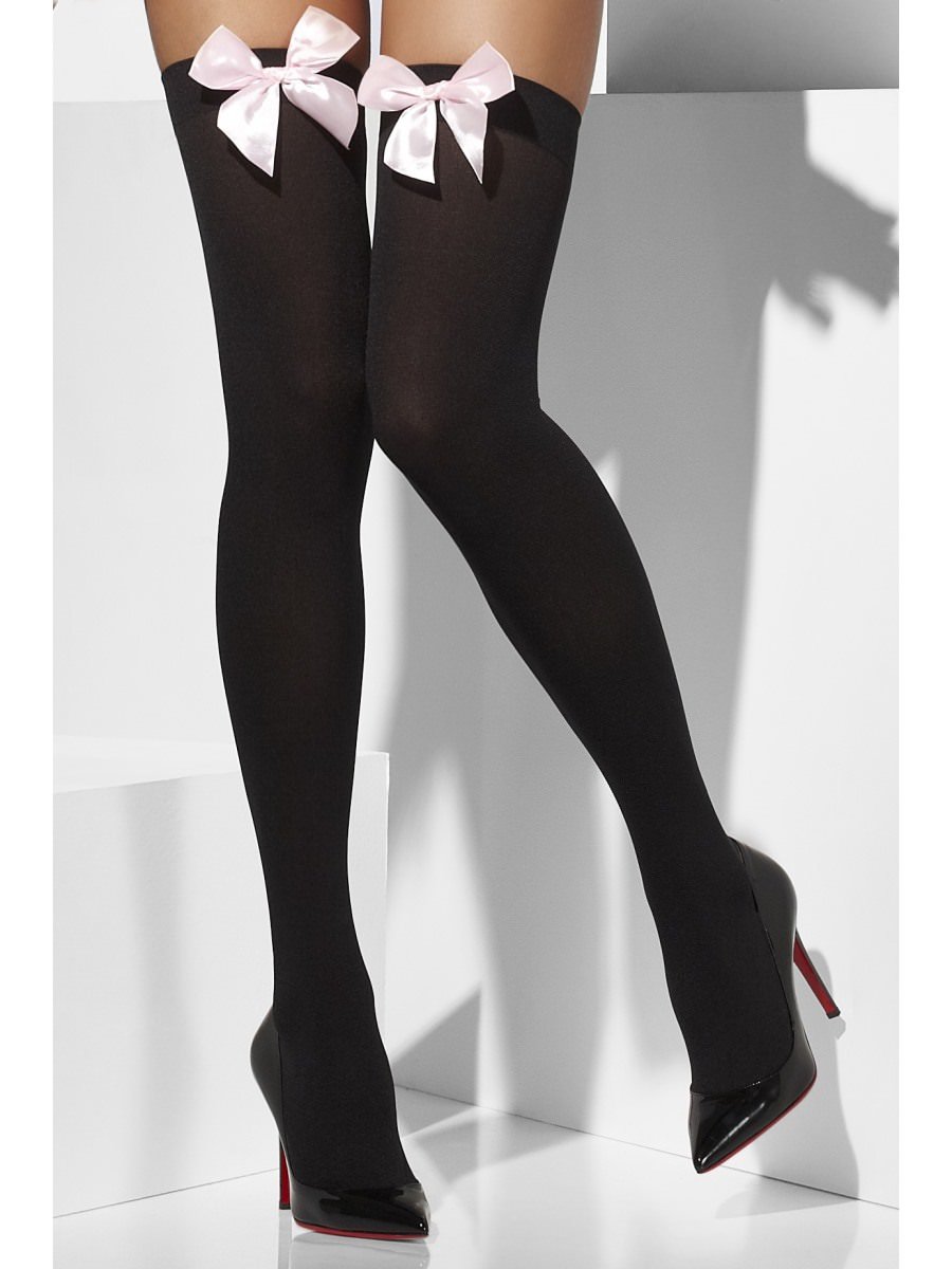 Smiffys Opaque Hold Ups Black With Pink Bows Fancy Dress
