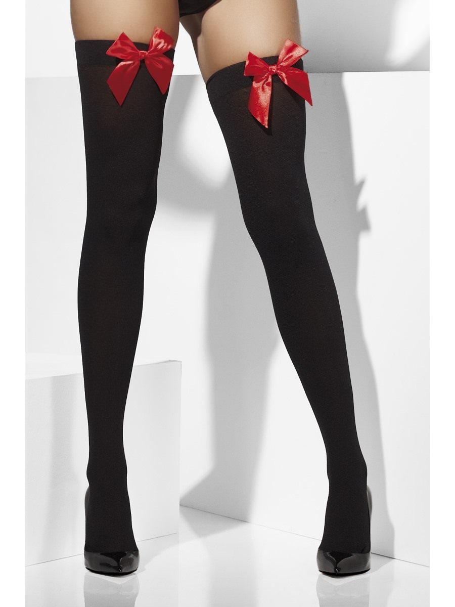 Click to view product details and reviews for Smiffys Opaque Hold Ups Black With Red Bows Fancy Dress.