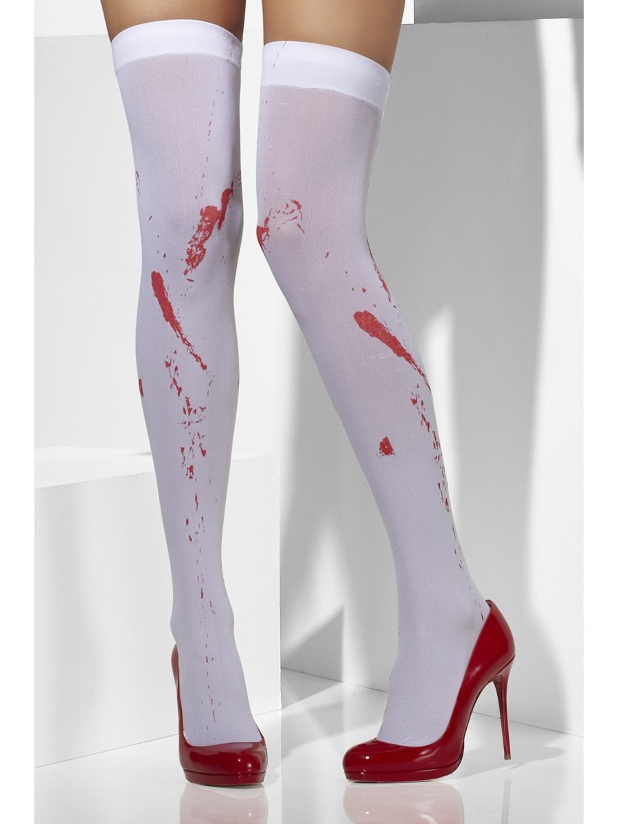Smiffys Opaque Hold Ups White Blood Stain Print Fancy Dress