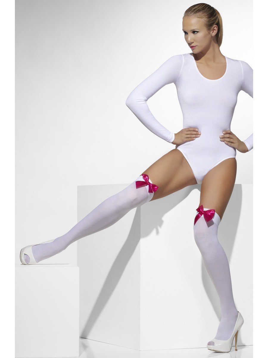 Click to view product details and reviews for Smiffys Opaque Hold Ups White With Fuchsia Bows Fancy Dress.