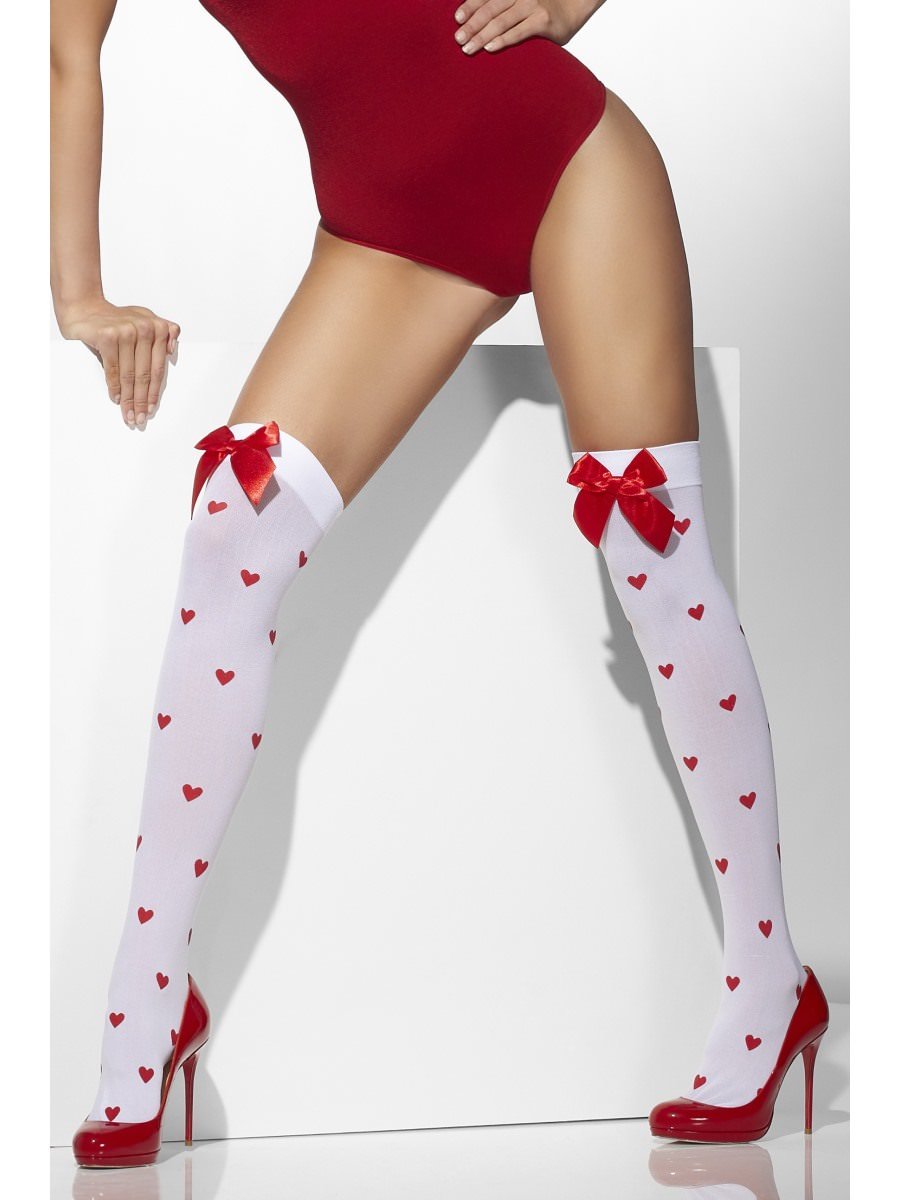 Click to view product details and reviews for Smiffys Opaque Hold Ups White With Red Bows And Heart Print Fancy Dress.