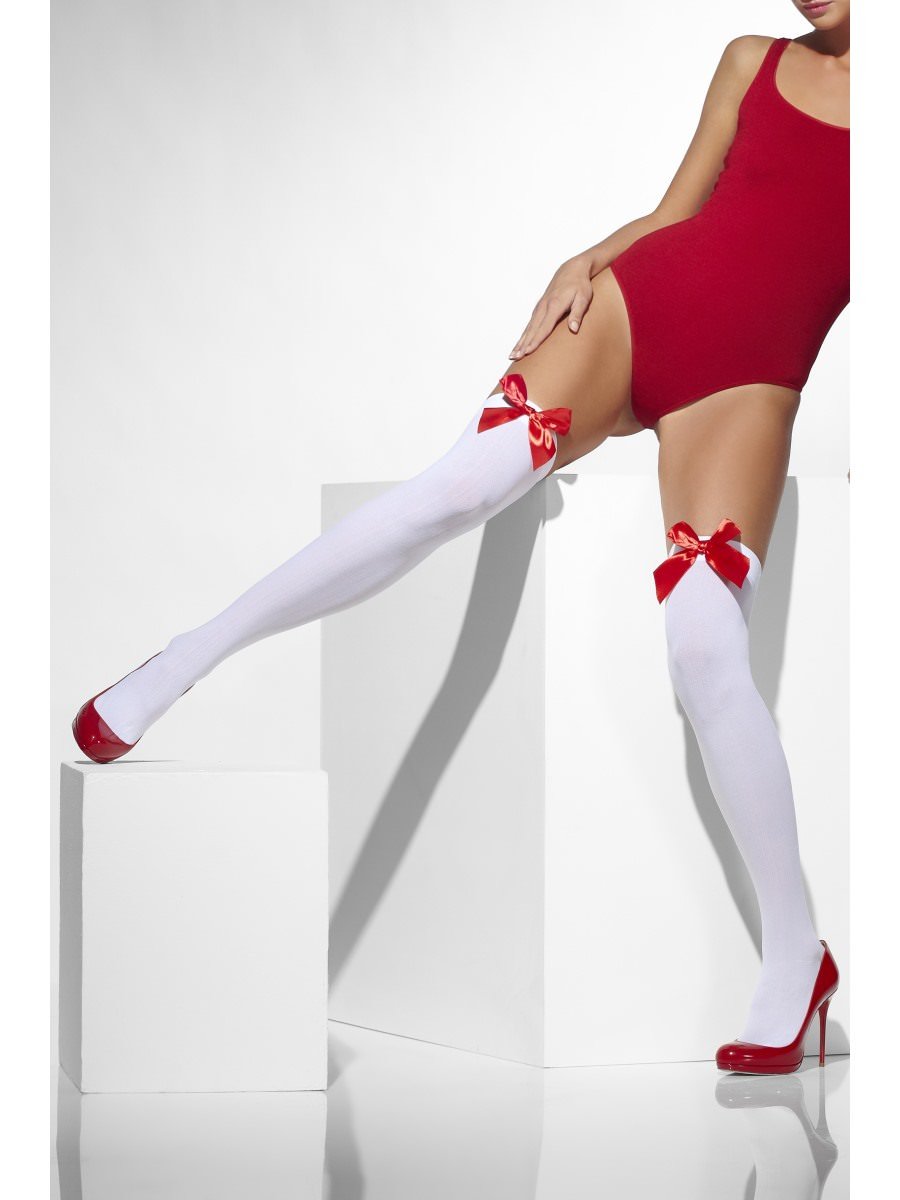 Click to view product details and reviews for Smiffys Opaque Hold Ups White With Red Bows Fancy Dress.