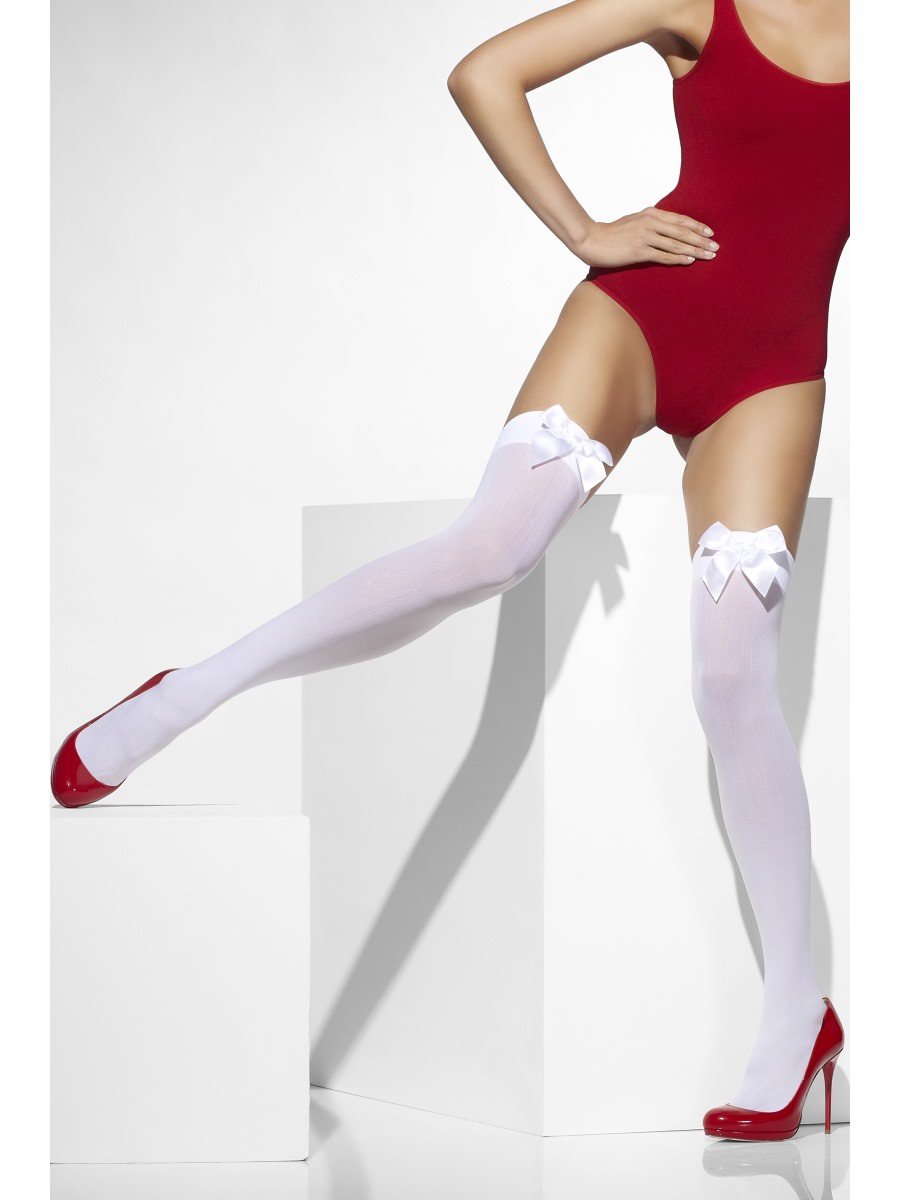 Smiffys Opaque Hold Ups White With White Bows Fancy Dress