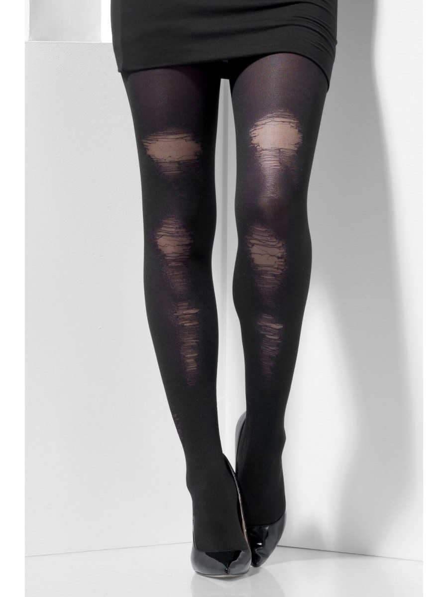 Click to view product details and reviews for Smiffys Opaque Tights Black With Distressed Detail Fancy Dress.