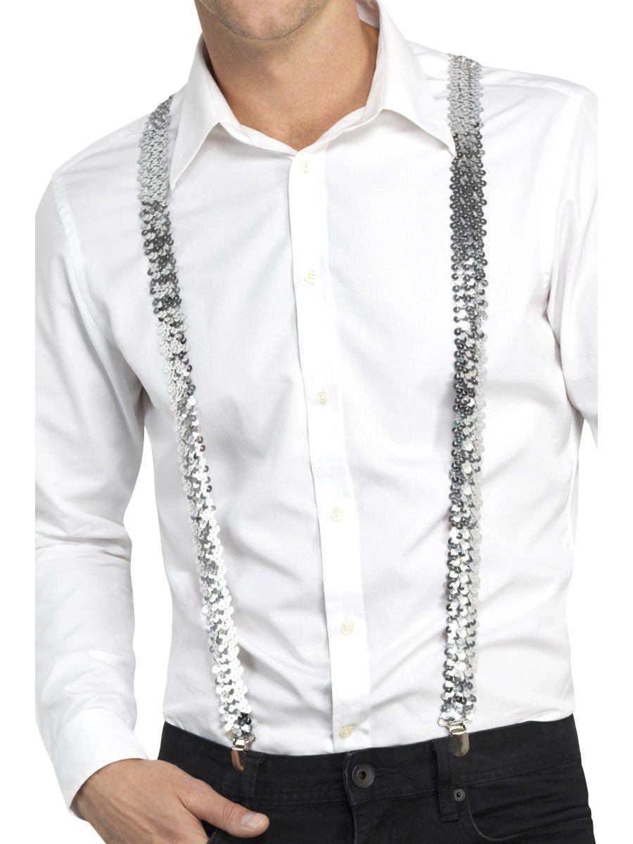 Smiffys Sequin Braces Silver Fancy Dress