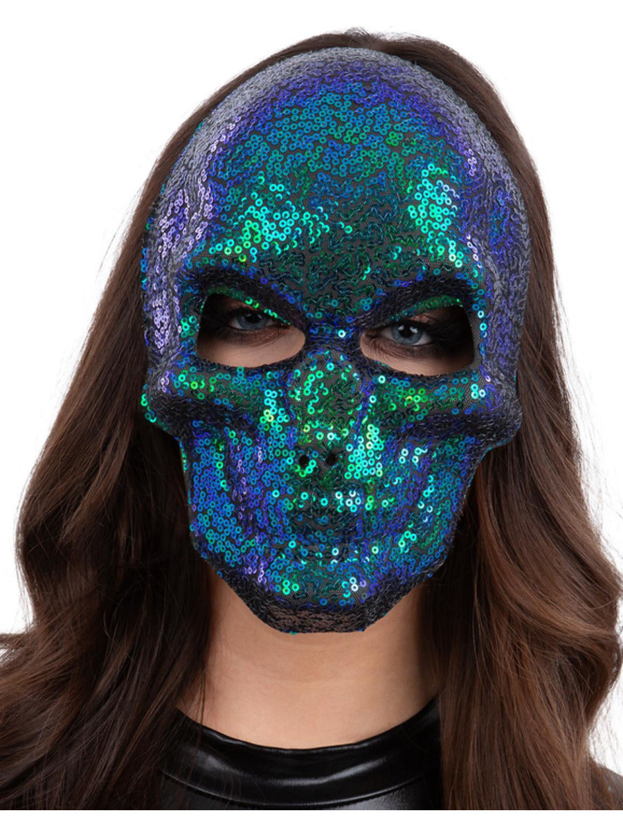 Click to view product details and reviews for Sequin Skull Mask Two Tone Blue Green.