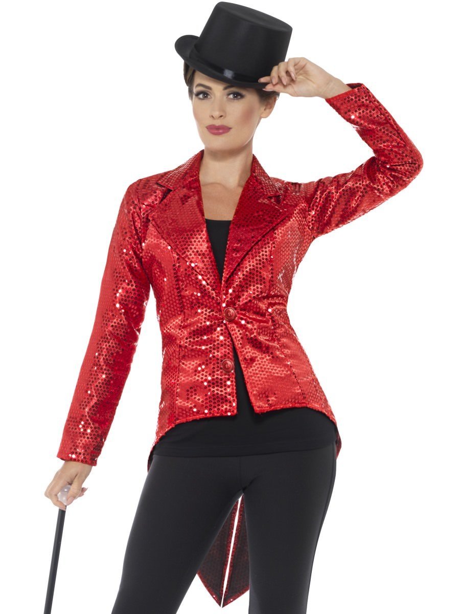 Smiffys Sequin Tailcoat Jacket Ladies Red Fancy Dress Large Uk 16 18
