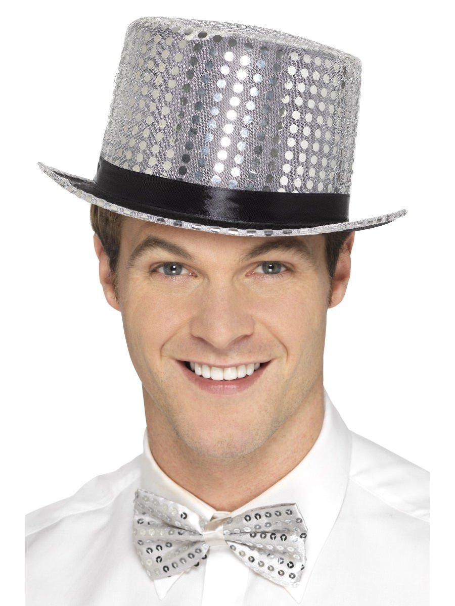 Smiffys Sequin Top Hat Silver Fancy Dress