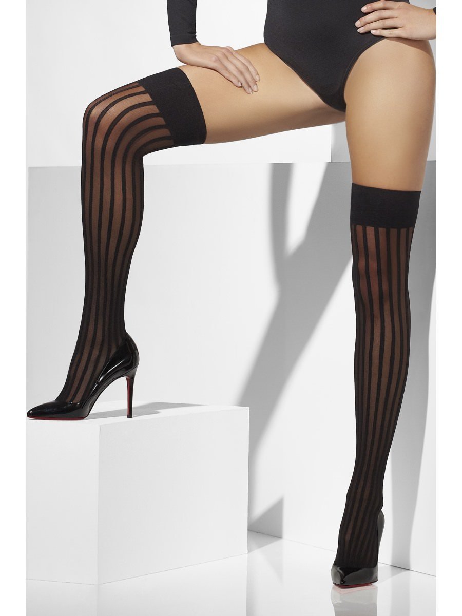 Click to view product details and reviews for Smiffys Sheer Hold Ups Black With Vertical Stripes Fancy Dress.