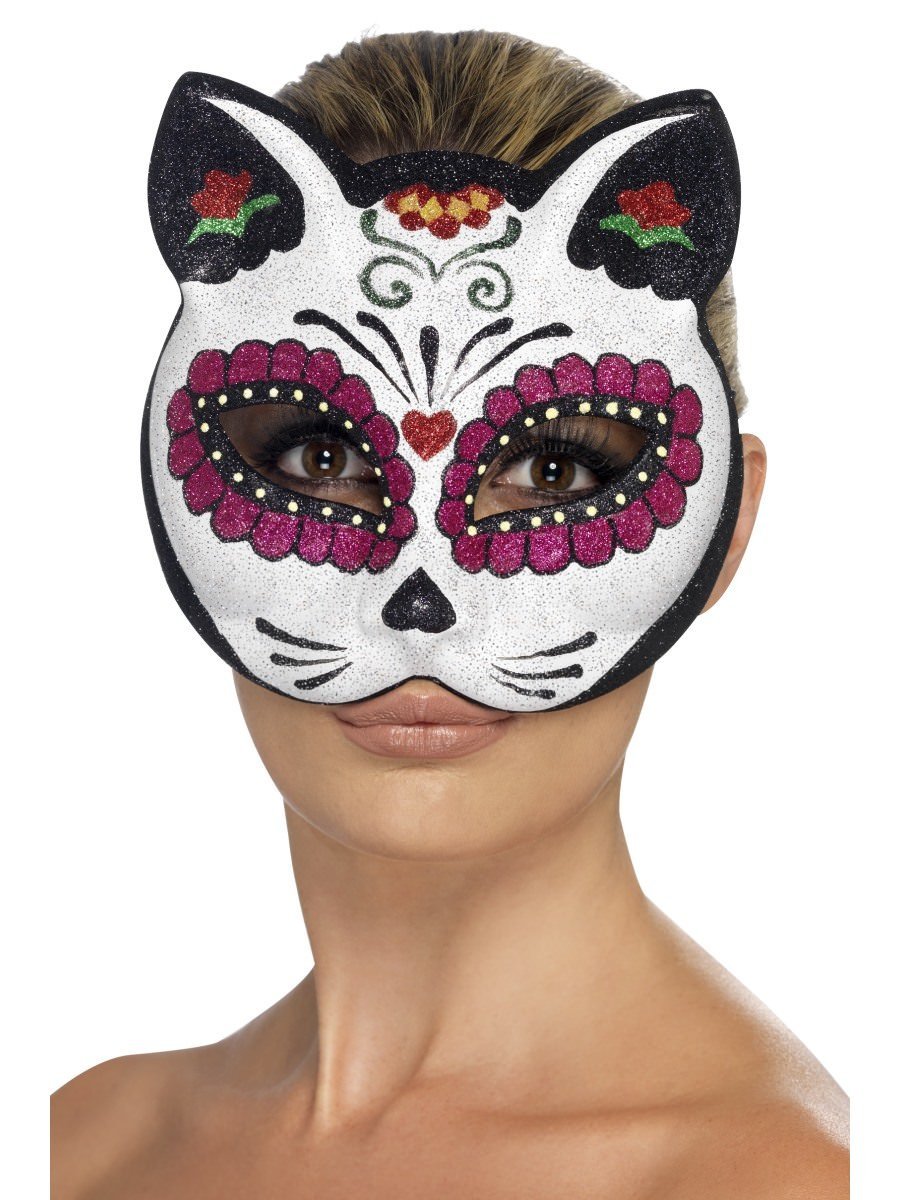 Smiffys Sugar Skull Cat Glitter Eyemask Fancy Dress