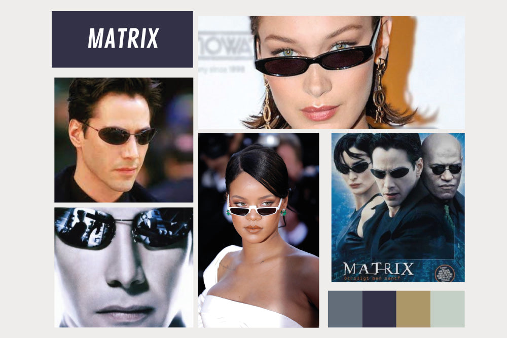 Película "Matrix" con Keany Reeves luciendo gafas tipo mini. También la cantante Rihana usando gafas tipo mini blancas y Bella Hadid. 