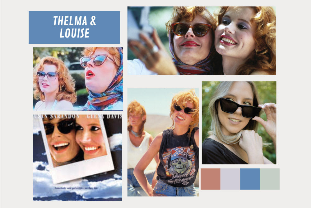 Fotos sobre la película Thelma and Louise, usando gafas tipo cat eye junto a gafas de sol de Hanukeii - Colección Pacific