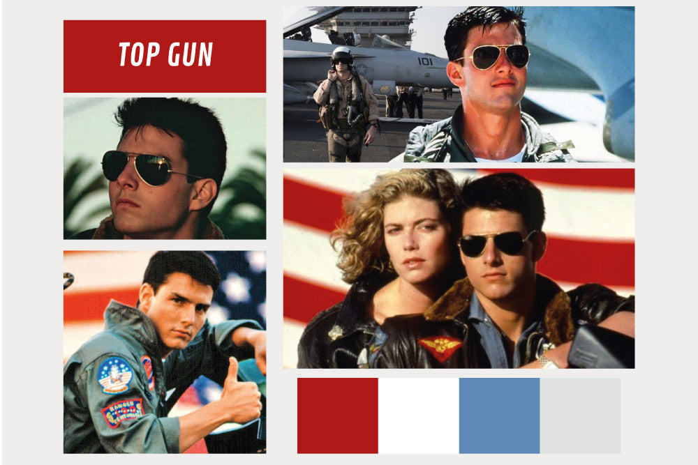 Imagenes sobre película Top Gun, protagonizada por Tom Cruise donde usa gafas estilo aviador. 