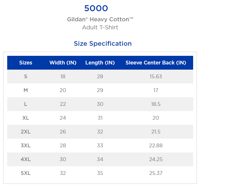 Gildan 5000 - Heavy Cotton T-Shirt Sizing Guide