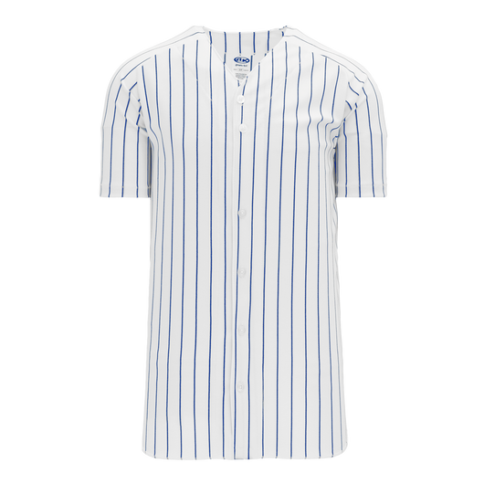 Youth & Adult Pinstripe Button Front Baseball Jersey – White/Royal