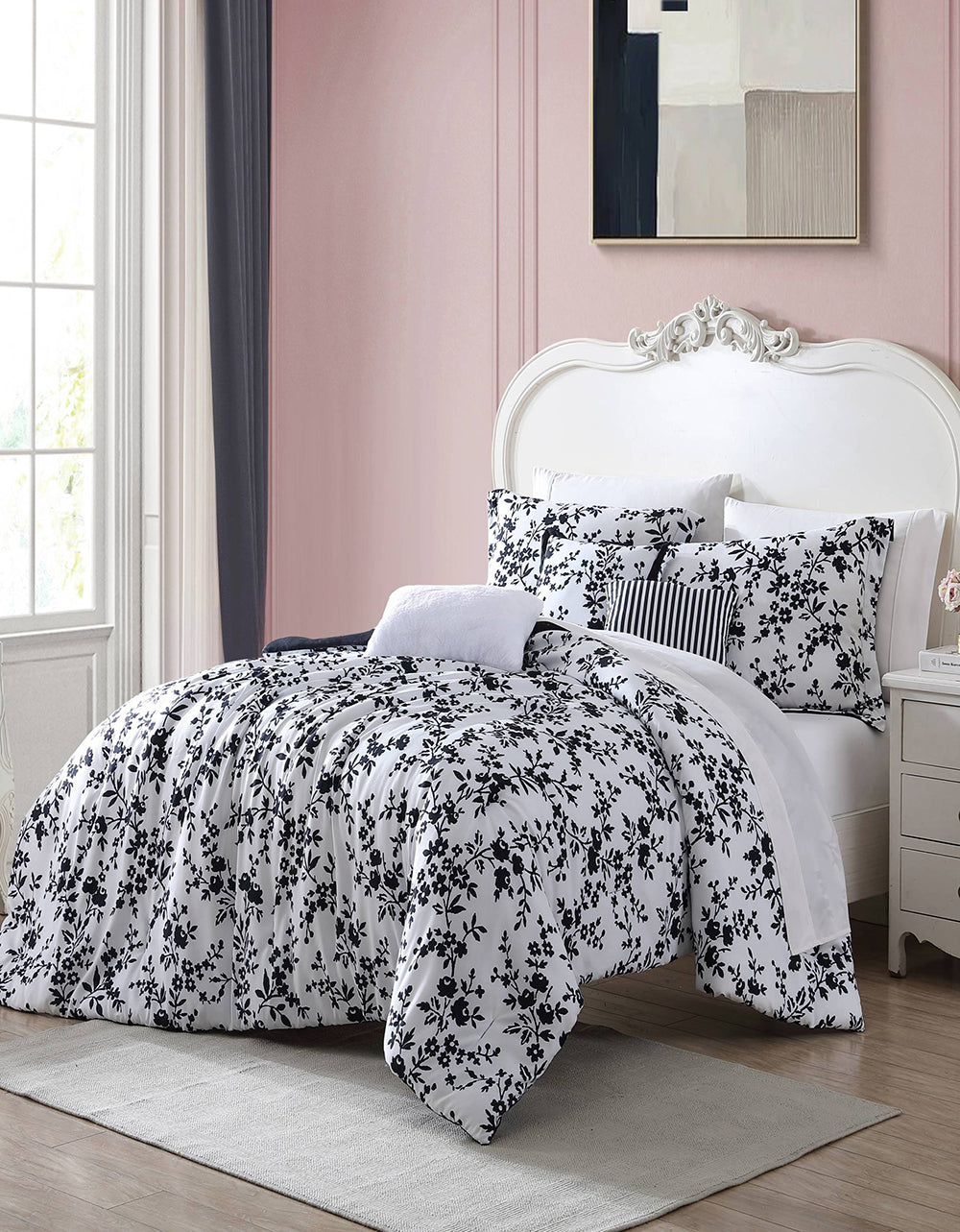 PRETTY FLORAL TWIN COMFORTER SET BLACK