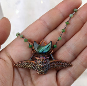 Electroformed Swooping Owl with Teal Green Labradorite Moon - Minxes' Trinkets