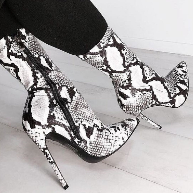 black and white snake print boots