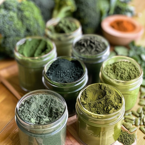green powders in jars