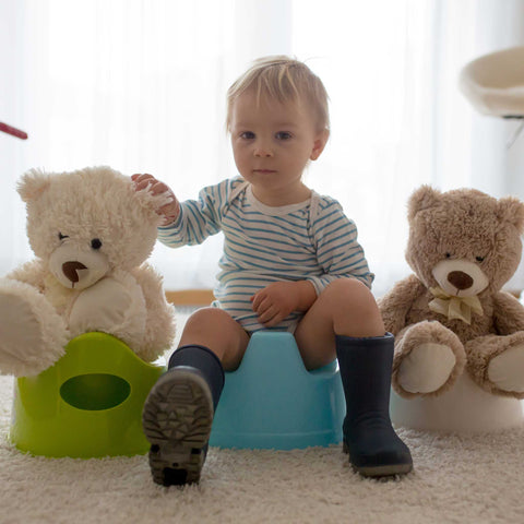 young boy potty training with his stuffed animals