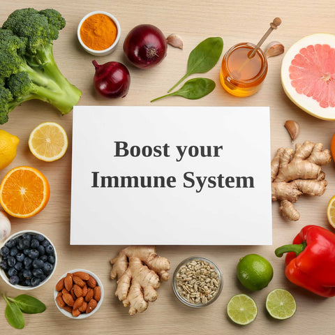boost your immune system sign surrounded by healthy food
