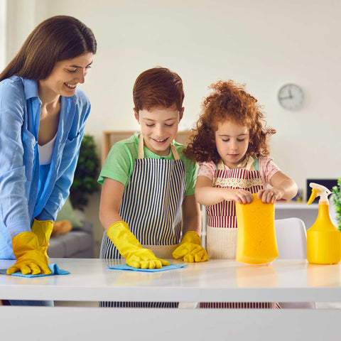 kids cleaning the table with mom