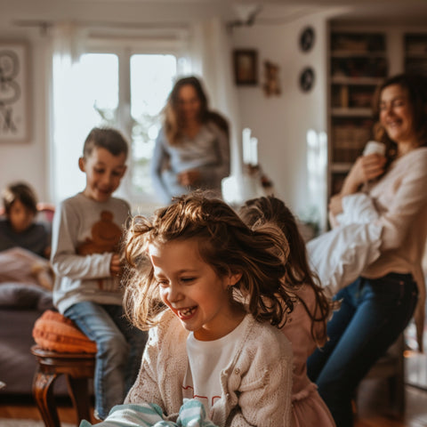 family laughing at April Fools Day joke