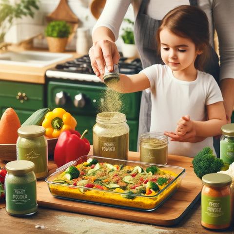 child cooking with mom using veggie powders