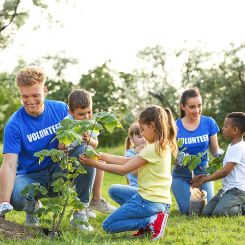 volunteers planting seedlings with kids