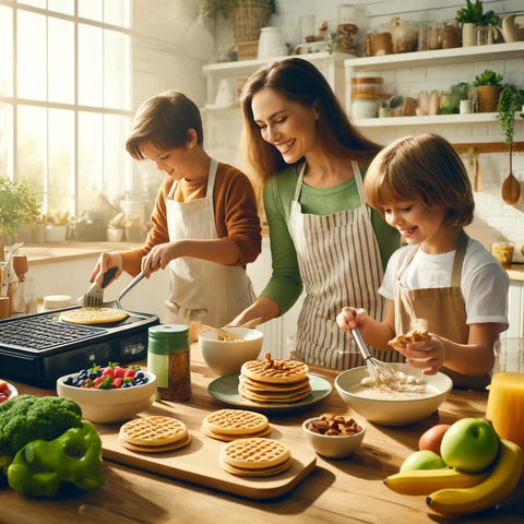 family cooking breakfast