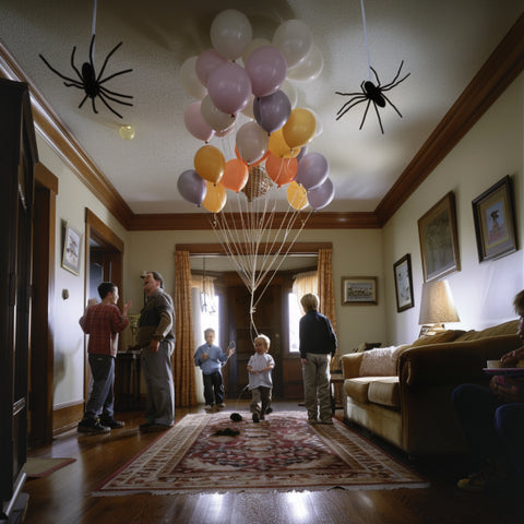 April Fools Day joke setup with balloon and spiders