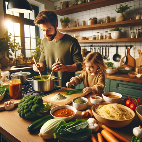 father and daughter cooking spaghetti together