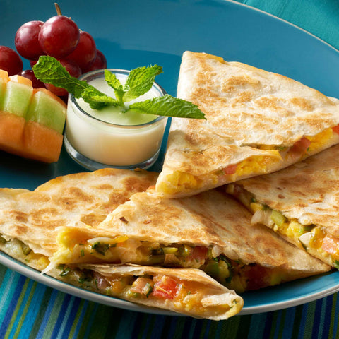 plate of cheese and veggie quesadilla with a side of fruit and yogurt