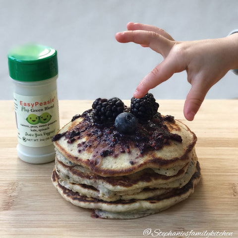 blueberry pancakes with easy peasie veggie powder for picky eaters