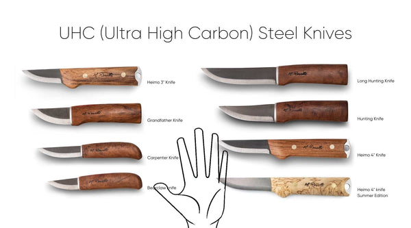 Picture of both Roselli carbon steel knives and UHC-steel knives 