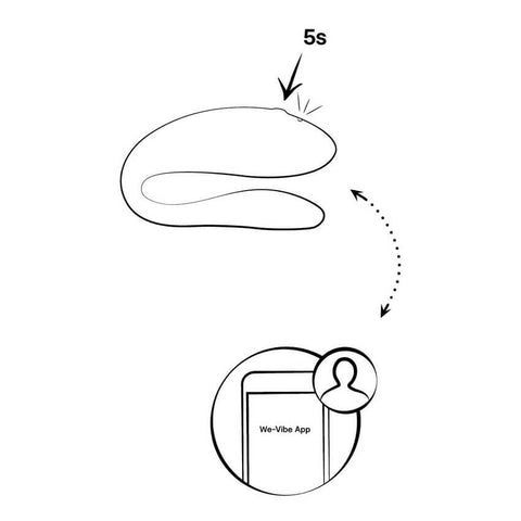 An illustrated example of how to pair the Sync Lite with your cell phone. It shows a profile of a Sync Lite with an arrow pointing to the button on the top of it. The text "5 seconds" is next to the arrow, and it showcases the LED light blinking right next to the button. | Kinkly Shop