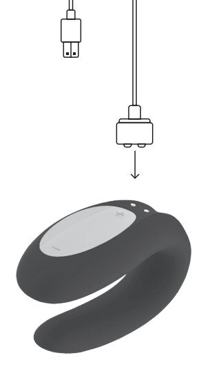 Illustration shows both ends of the charging cable. The magnetic end of the charging cable is shown hovering above the charging port on the Double Joy. The other end of the cable is a USB end. | Kinkly Shop