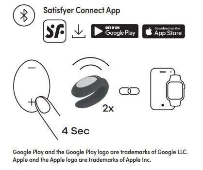 Illustration shows how to connect to the Satisfyer Double Joy App. It shows a person pressing and holding the "+" for 4 seconds. It causes the Double Joy to vibrate twice, and then the cell phone can be connected to a cellular device. | Kinkly Shop