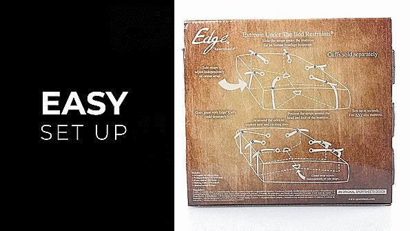 Edge Extreme Under the Bed Restraint System. The image states "Easy Set Up" on one half and the opposite side shows an illustration of how the system fits onto a bed.
