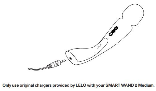 Illustration with an outline of the LELO Smart Wand Medium 2 wand massager. Near the base of the wand where the charging port is, an illustrated charging plug is shown about to plug into the charging port of the LELO Smart Wand Medium 2. The text on the image says "Only use original chargers provided by LELO with your Smart Wand 2 Medium."