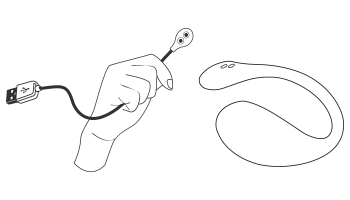 Illustrated drawing shows a hand holding the Lush 3 charging cable and the outline of the Lush 3 itself. The charging ports on the cable and the toy are very obvious and the center of the drawing.  | Kinkly Shop