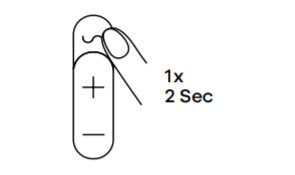 Simple illustration shows the three buttons on the control panel of the Satisfyer Men Wand. A finger is pressing down the tilde symbol which functions as the pattern button on the Satisfyer Men Wand vibrator. The text says "1x, 2 sec" - which means the button can be pressed down and held down for two seconds in order to turn the Satisfyer Men Wand on and off. | Kinkly Shop