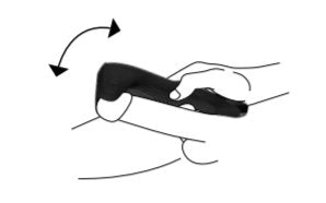 Illustrated image of a penis being used with a Satisfyer Men Wand. It shows the Men Wand being laid alongside the penis by a hand. An arrow shows that a swirling motion with the Men Wand may feel good. | Kinkly Shop