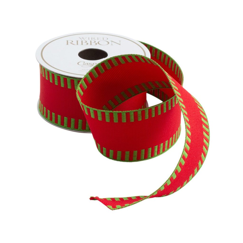 Caspari Wired Ribbon- Red with Green Striped Border