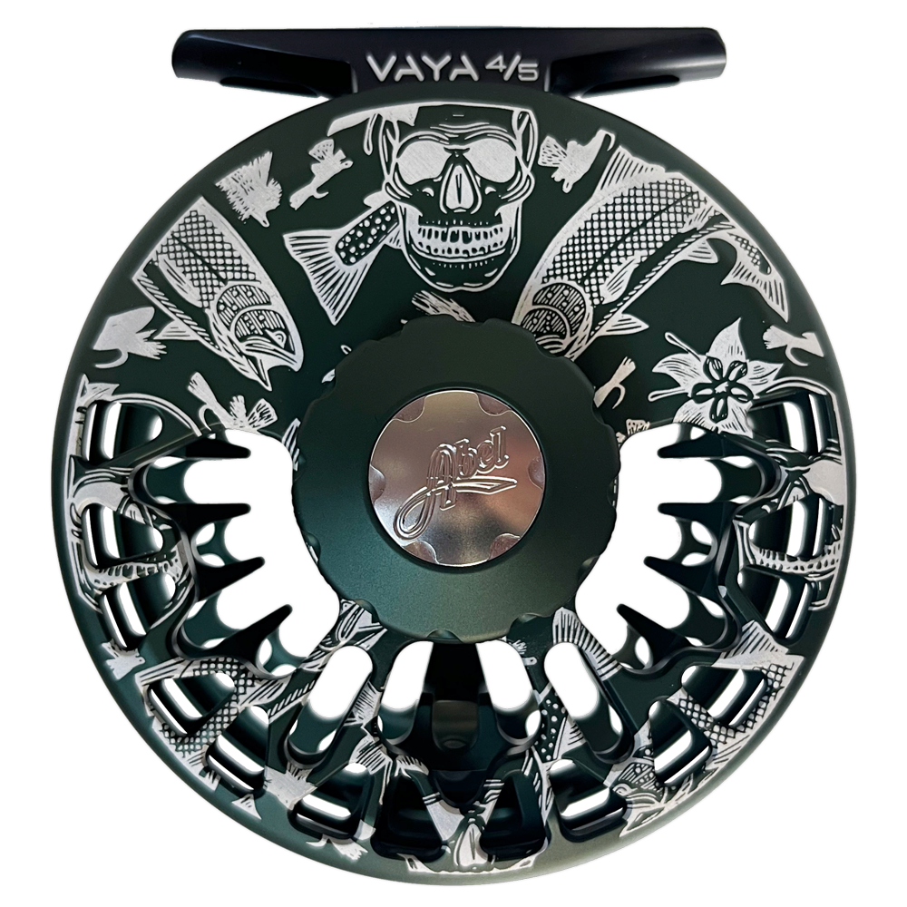 Abel Vaya Fly Reel - Custom 4/5 Wandering Blue Lines Skulls - Satin Deep Green