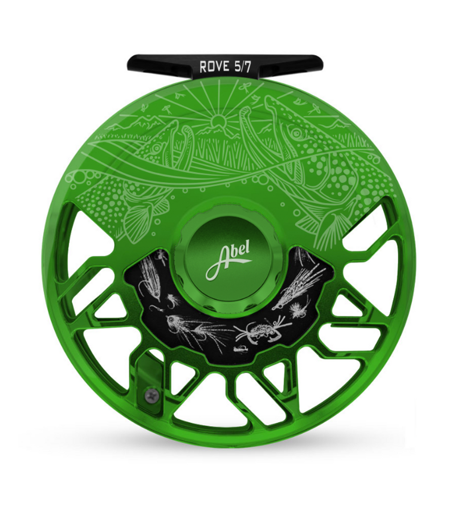 Abel Rove Fly Reel - Custom 5/7 Grass Green Underwood Drift - Freshwater Flies Drag Plate - Deep Green Handle