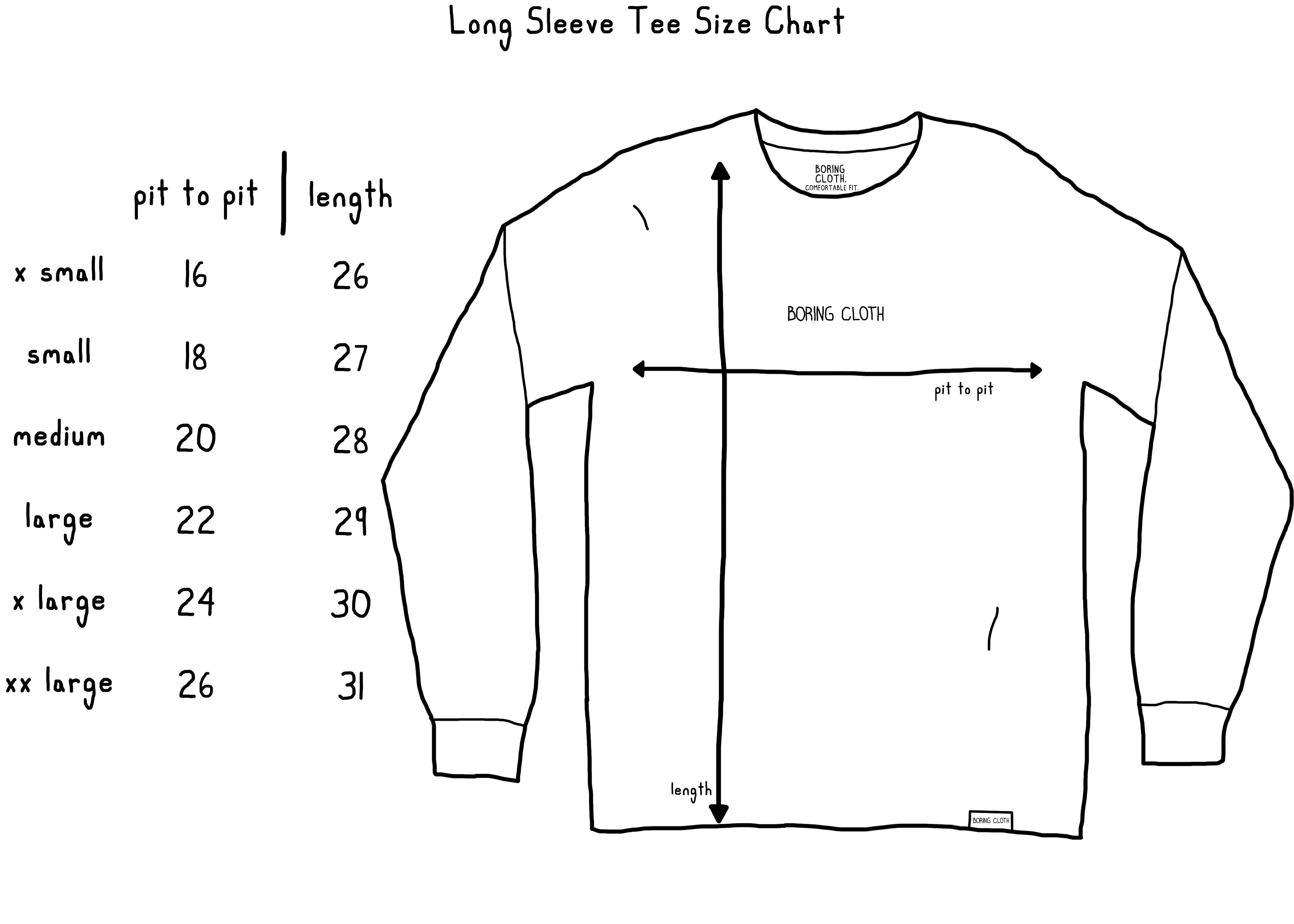 Boring Cloth Long Sleeve Tee size chart.