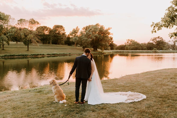 bride and groom with dog